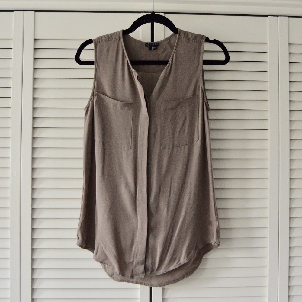 BOGO FREE! Theory Small Tan Button Down Silk Sleeveless Shirt | Size Small